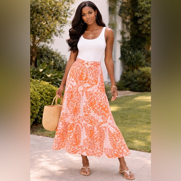 Women's Orange Floral Tiered Maxi Skirt - Picture 2 of 9